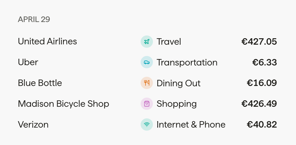 A day's worth of transactions — United Airlines, Uber, Blue Bottle, Madison Bicycle Shop, Verizon — each automatically tagged with its category and shown in the home currency.