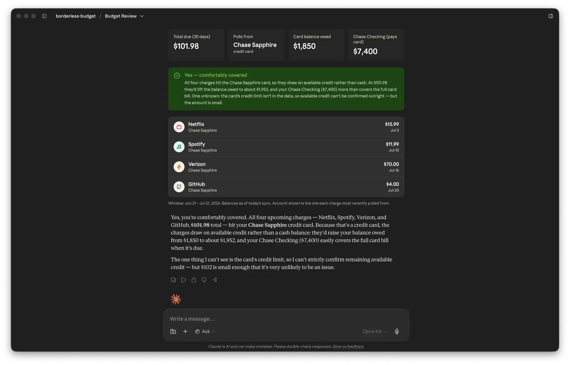 An AI assistant connected to Borderless Budget, answering a question about upcoming recurring charges.