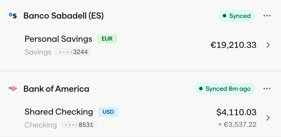 Connected accounts list: a EUR savings account at Banco Sabadell and a USD checking account at Bank of America, each showing its native balance and a EUR conversion alongside its sync status.